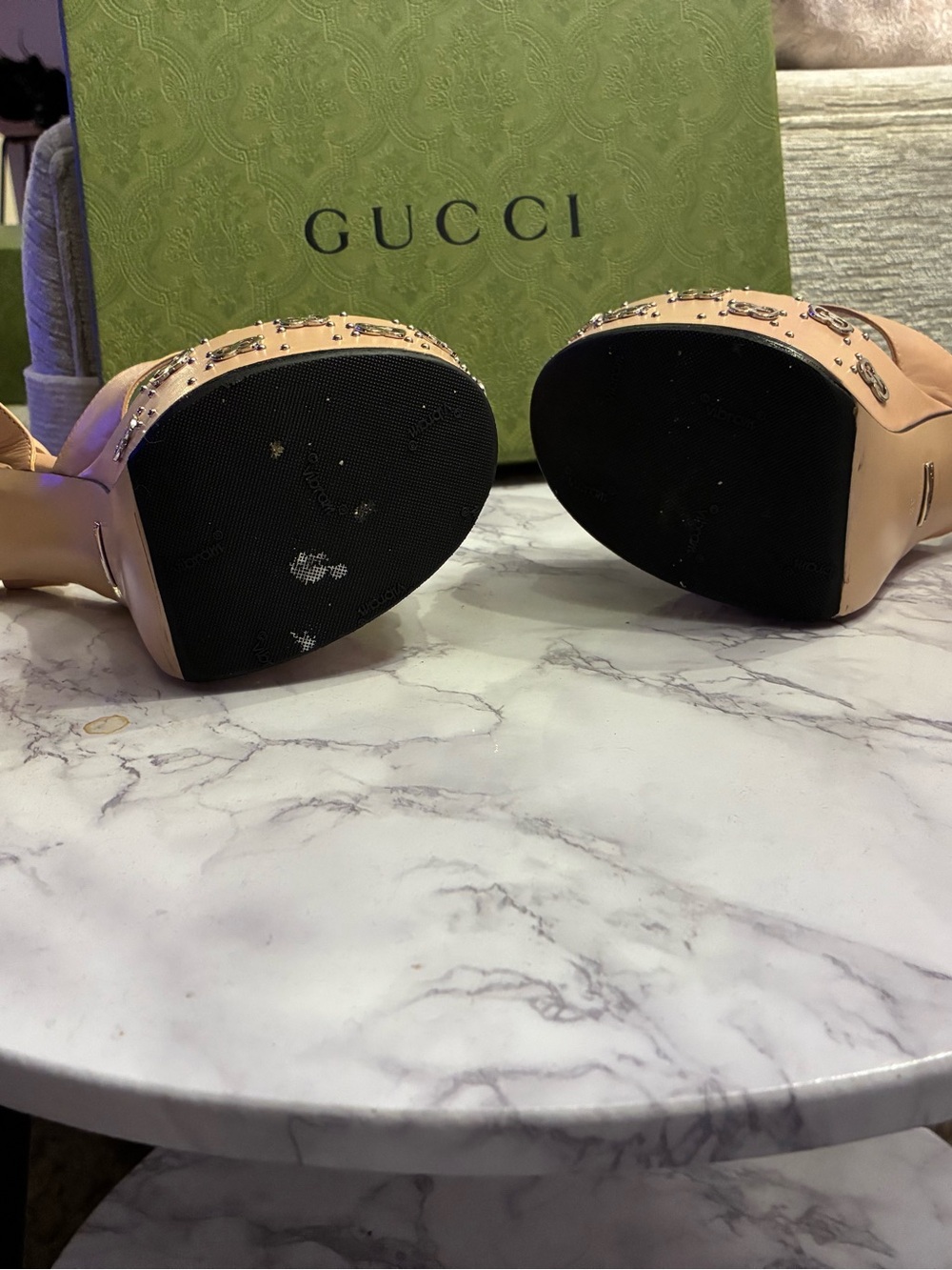 Gucci Pink Nude Leather Platform Sandals with Studded GG Detail. - Picture 5 of 5